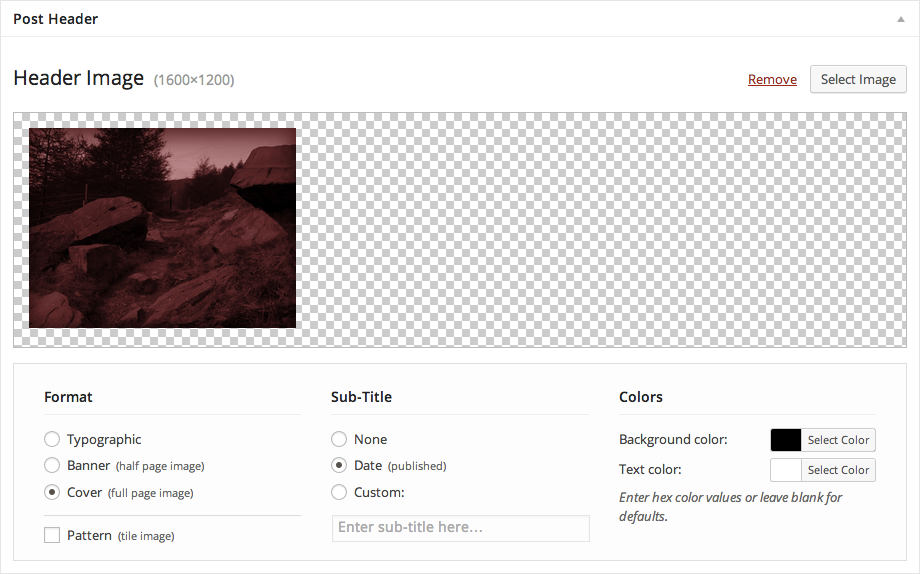 Tales post header tool with cover photo options.